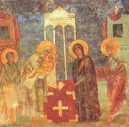 Sretěnije Hospodně (Setkání Pána se Simeonem).           Freska, Pskov (Rusko).